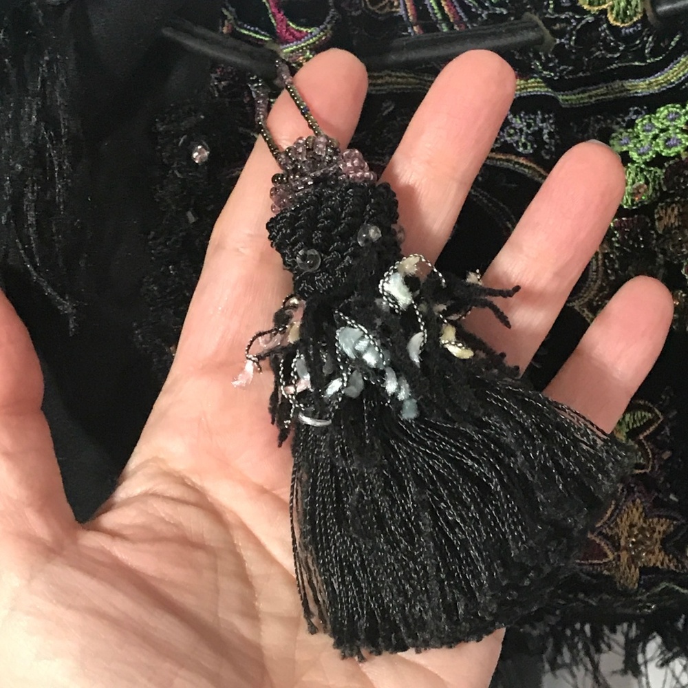New MARY FRANCES Embroidered Black Beaded Fringe Purse! black purple - Picture 7 of 10
